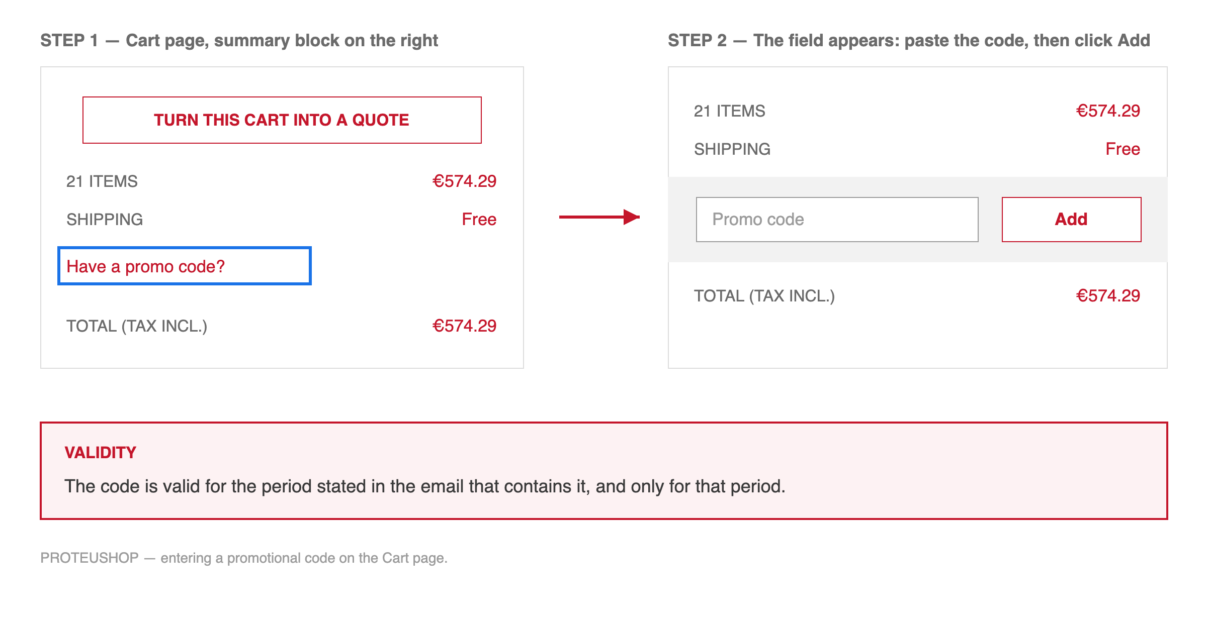 Entering a promotional code on the Proteushop cart page